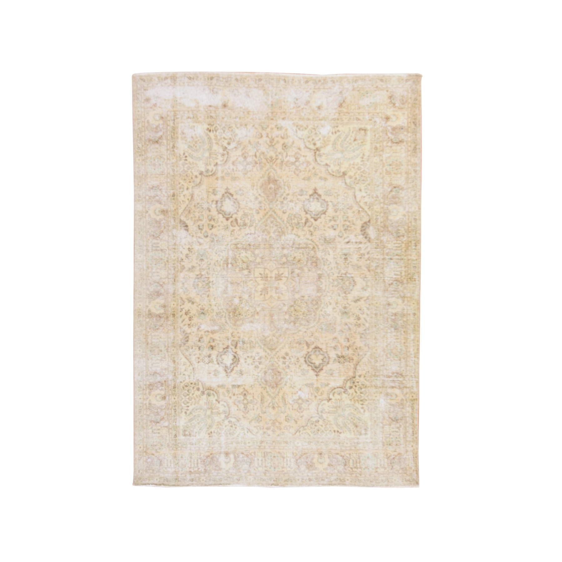 6'8"x9'6" Beige, Vintage Persian Tabriz, Worn Down and Distressed, Hand Knotted, 100% Wool, Oriental Rug 